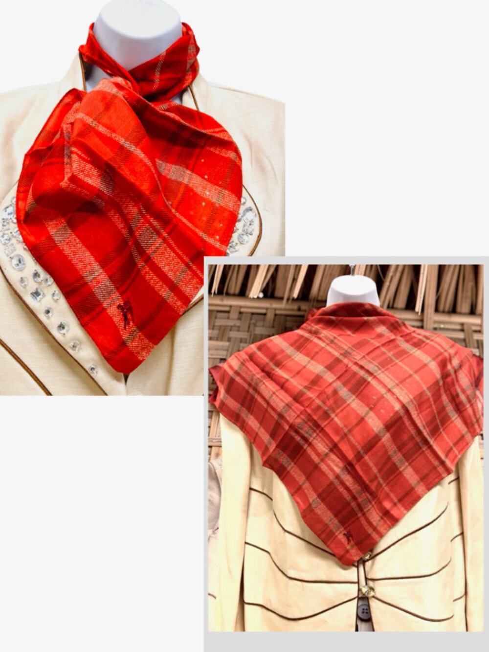 New Never worn Burberry Neck-kerchief 19.5" red black gray check embroidered(95